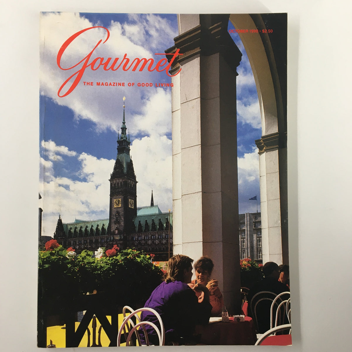 Cover of Gourmet Magazine October 1990 featuring Hamburg's Alster Arcade and City Rathaus, showcasing outdoor dining beneath historic architecture.
