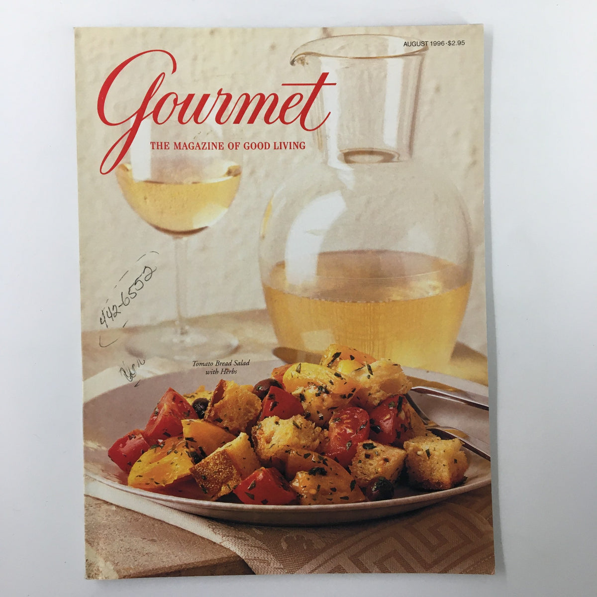 Gourmet Magazine August 1996 featuring Tomato Bread Salad with Herbs on the cover, showcasing a delicious salad with fresh ingredients alongside a glass of wine.