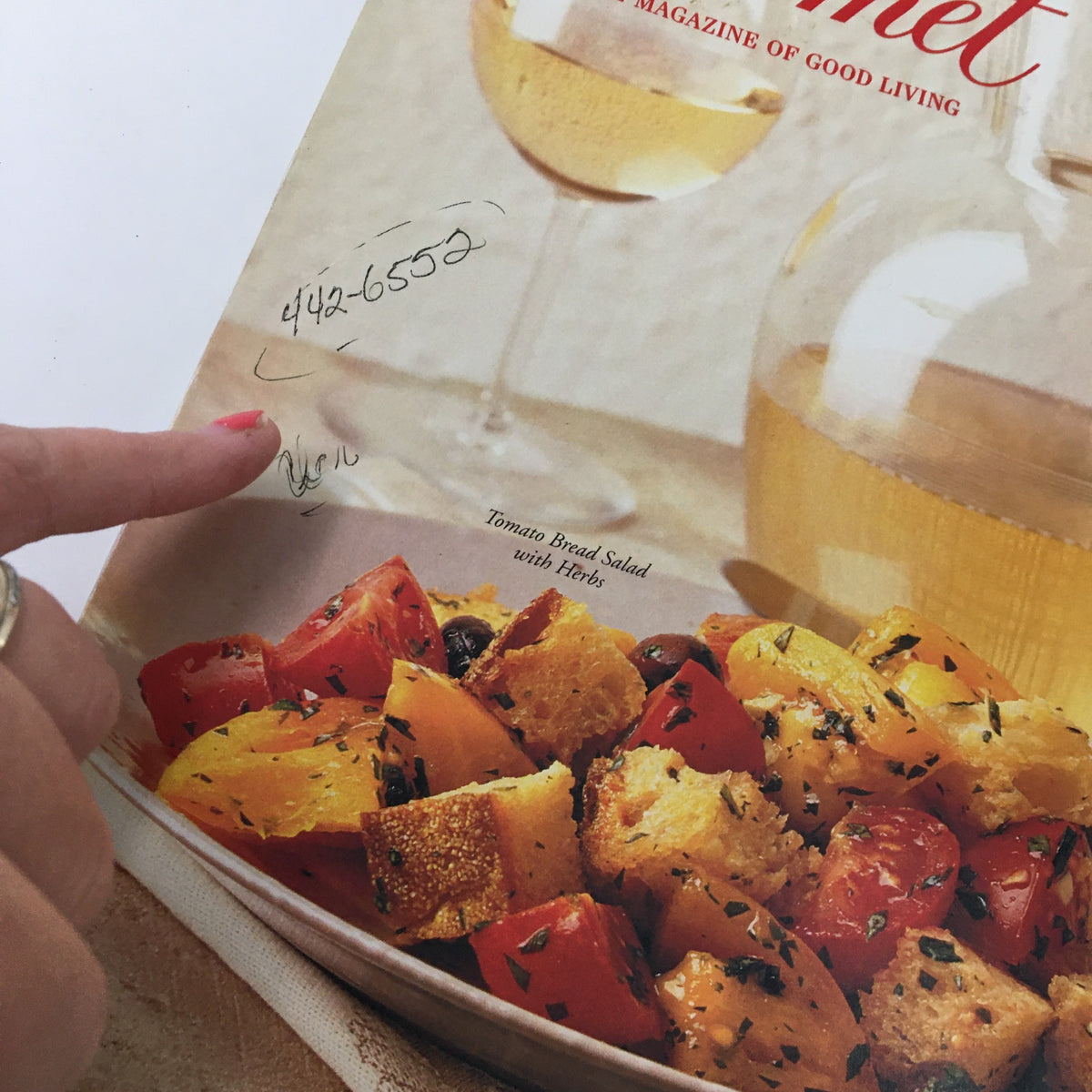 Close-up view of Gourmet Magazine August 1996 cover highlighting Tomato Bread Salad with Herbs, with handwritten notes visible.