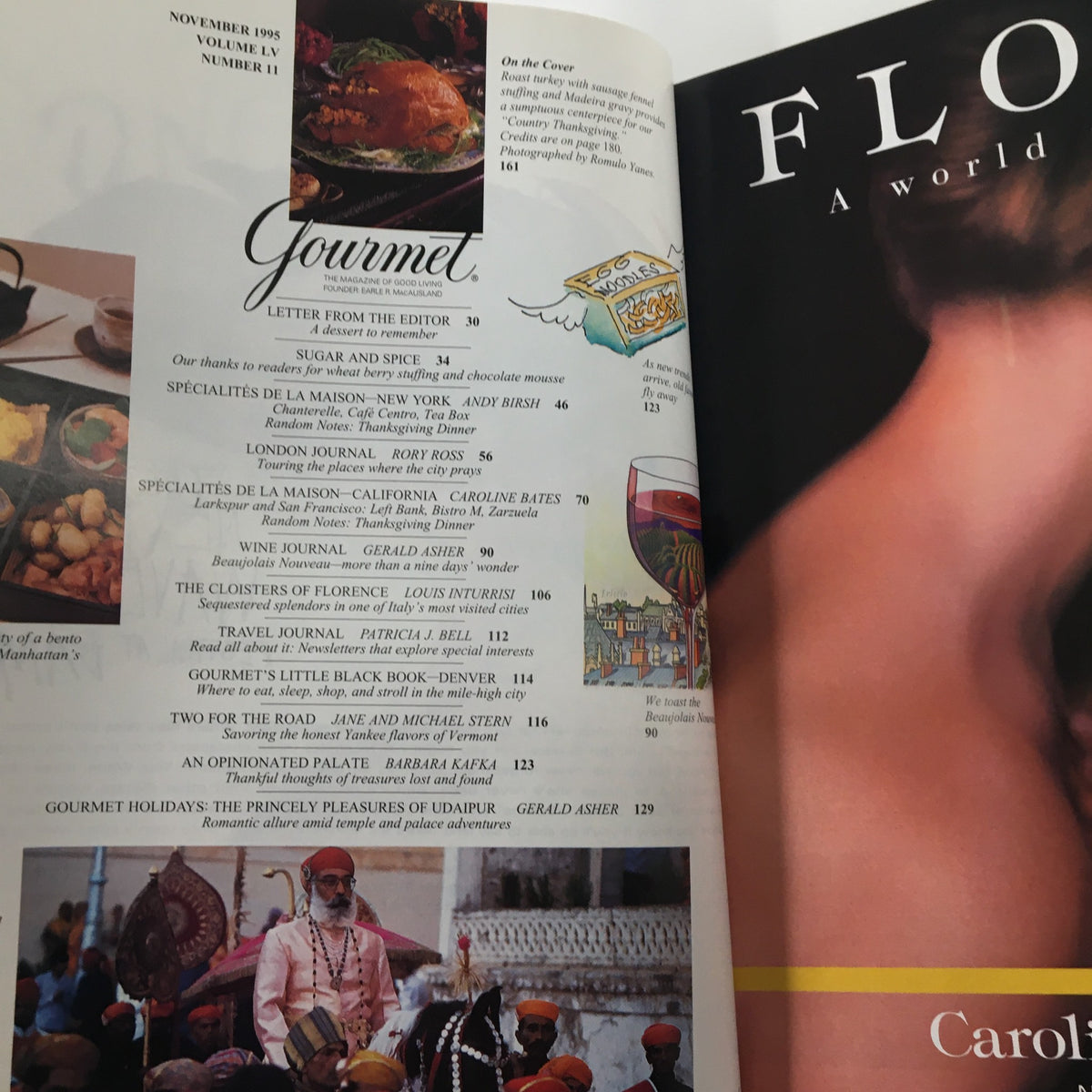 Interior page of Gourmet Magazine November 1995 showcasing the Table of Contents, detailing articles and recipes, including the highlighted features of Roast Turkey and seasonal dishes.