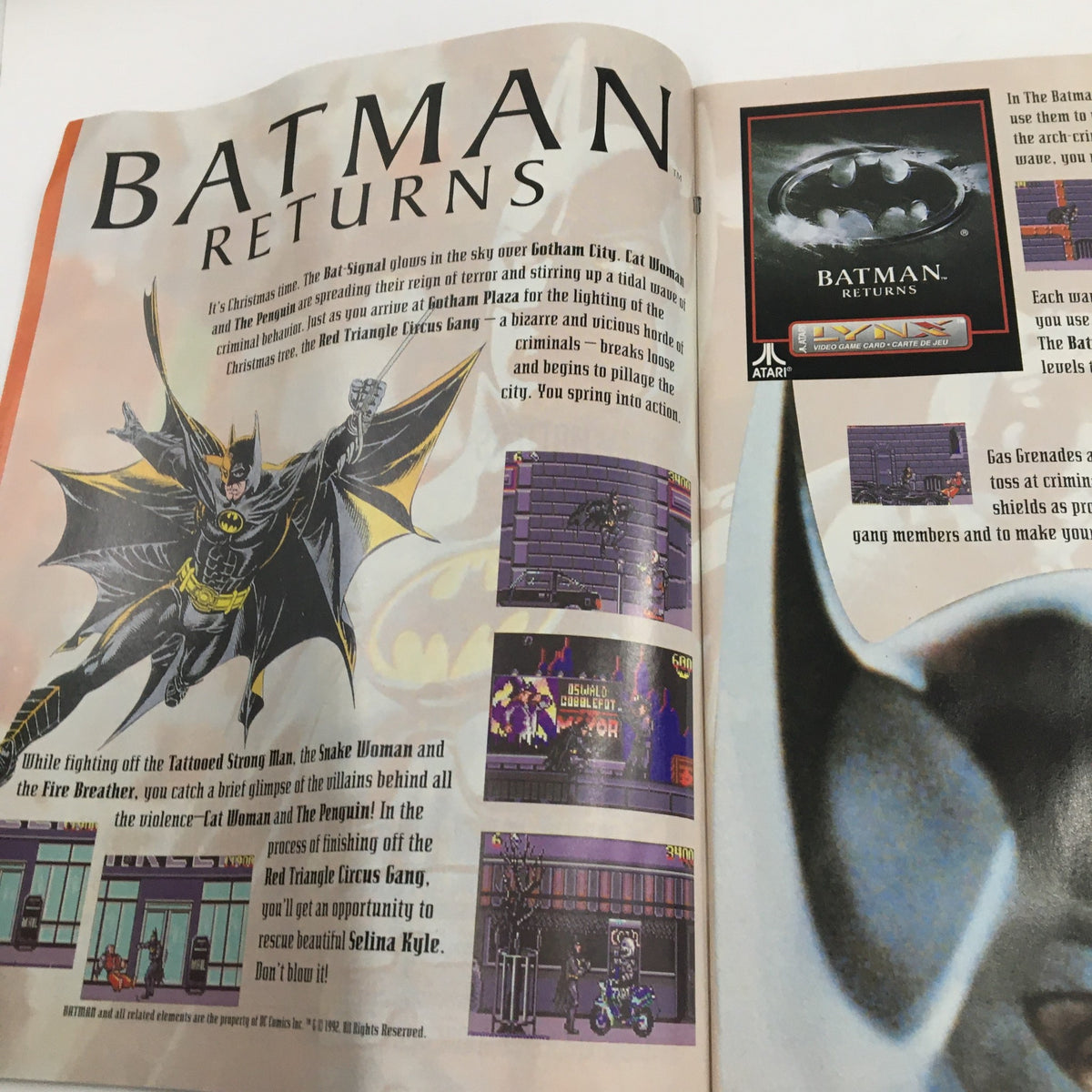 Inside spread of the Atari Lynx Magazine 1992 Grey Matters Vol 3 showcasing the Batman Returns game. It includes descriptions of game levels and graphics of Batman in action.