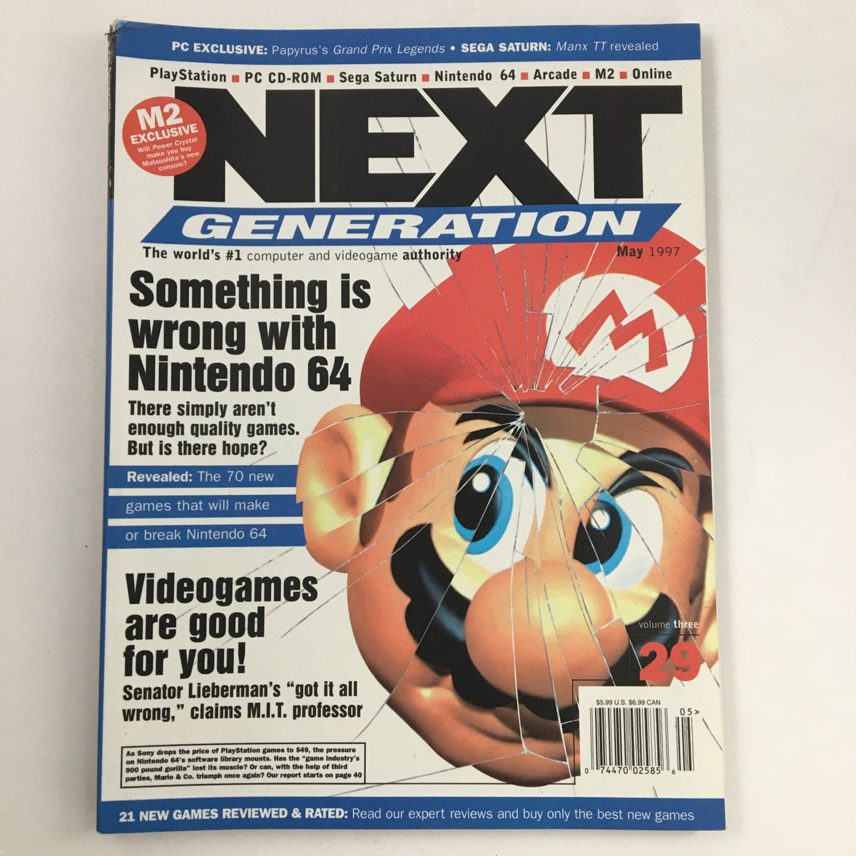 Cover of Next Generation Magazine, May 1997, featuring Papyrus's Grand Prix Legends and a discussion on Nintendo 64 game quality.