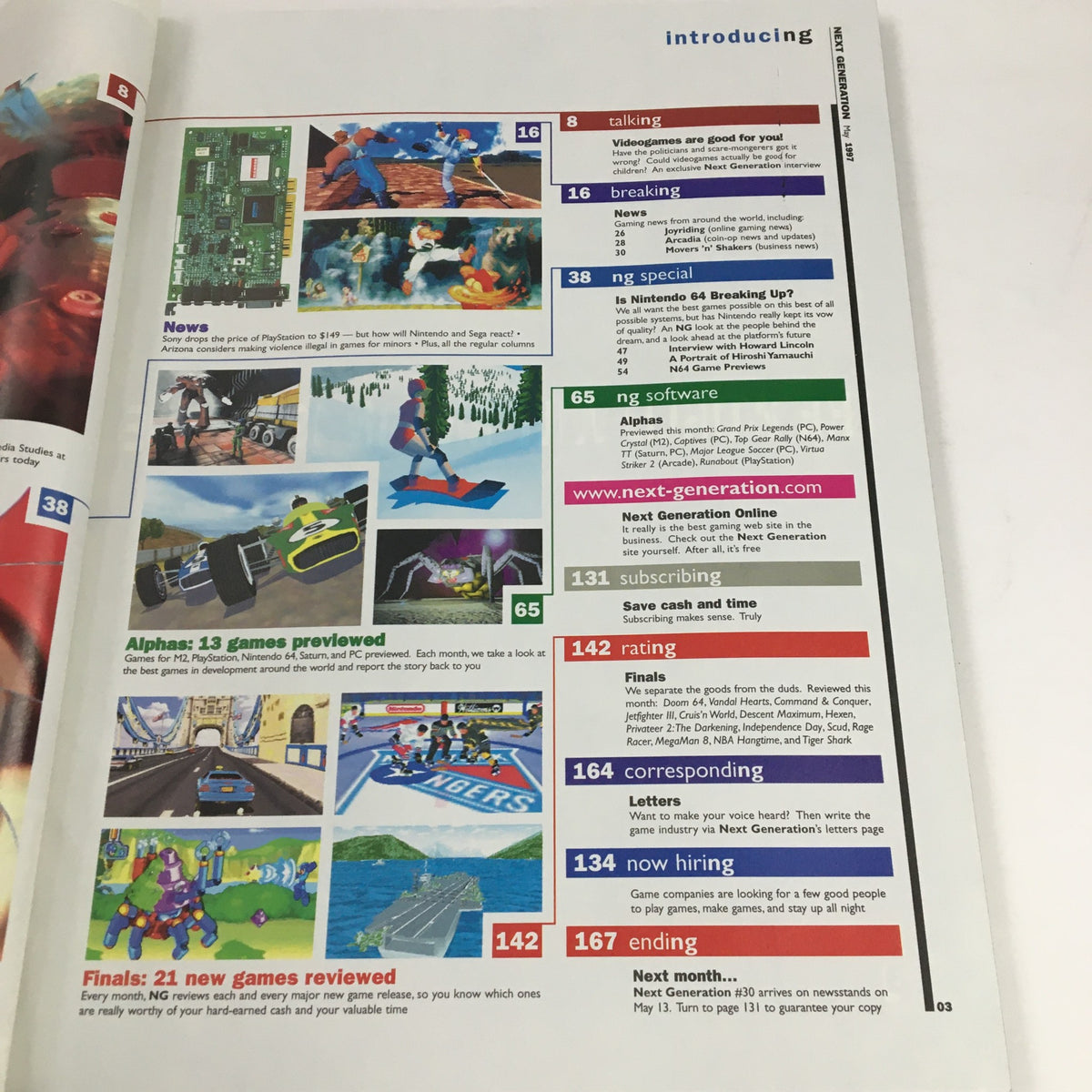 Interior page of Next Generation Magazine, May 1997, showcasing game previews and sections, including discussions on upcoming games and video game culture.