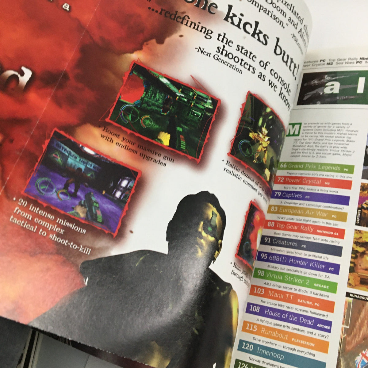 Inside page of Next Generation Magazine May 1997 showcasing game screenshots and reviews, with a focus on shooting games, including commentary on gameplay mechanics.
