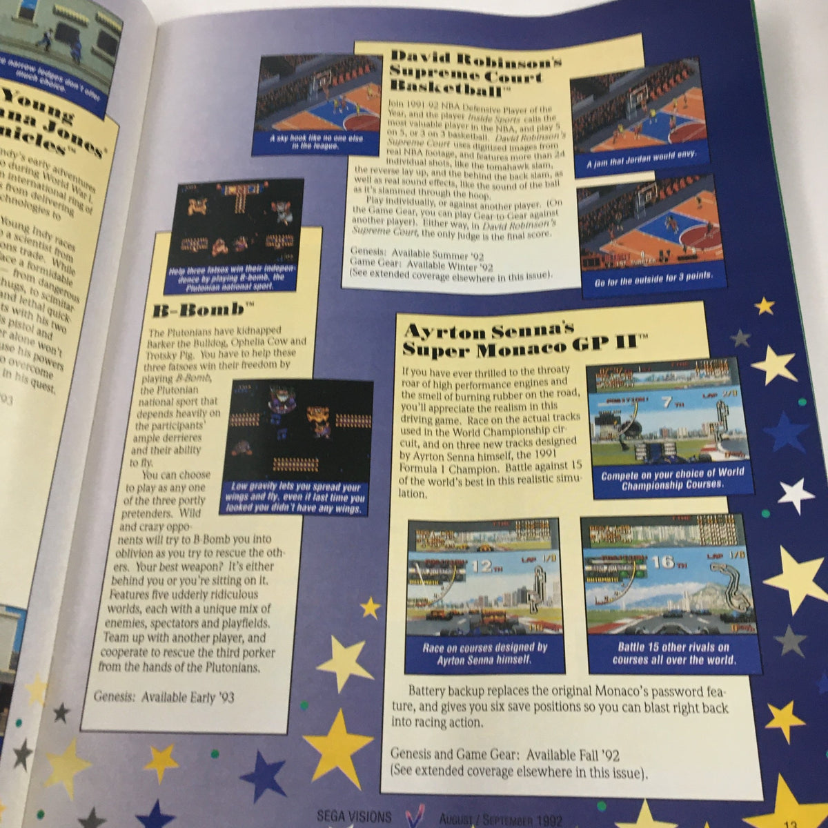 Game review page from Sega Visions Magazine August 1992, featuring insights on David Robinson's Supreme Court Basketball and Ayrton Senna's Super Monaco GP II.