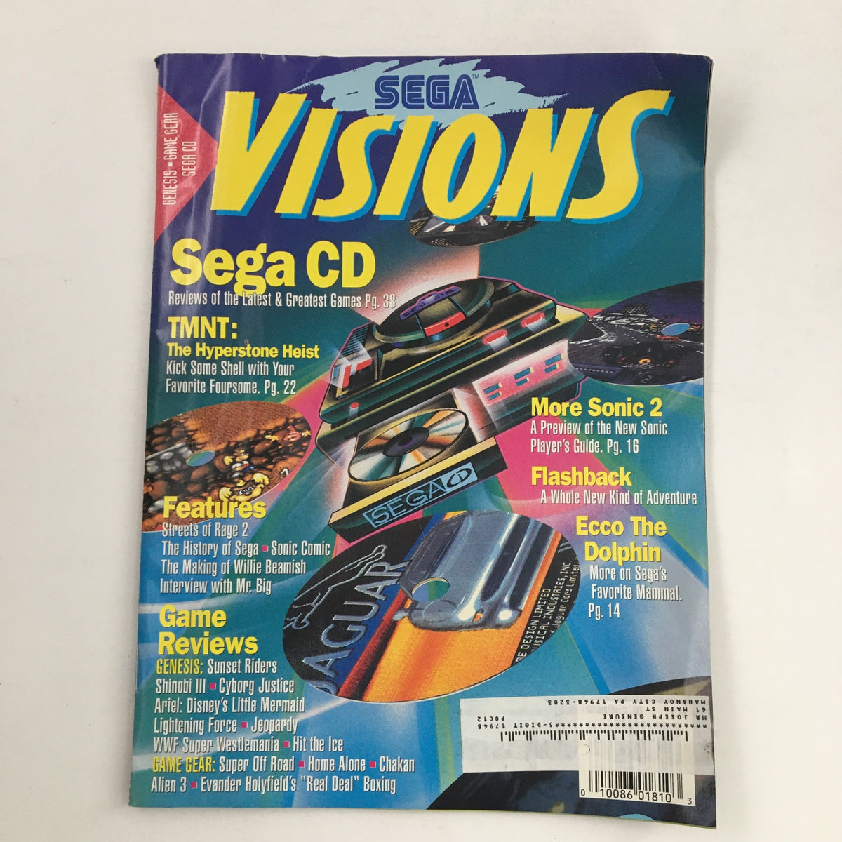 Cover of Sega Visions Magazine February 1993 featuring TMNT The Hyperstone Heist and Streets of Rage 2 with vivid graphics and game highlights.
