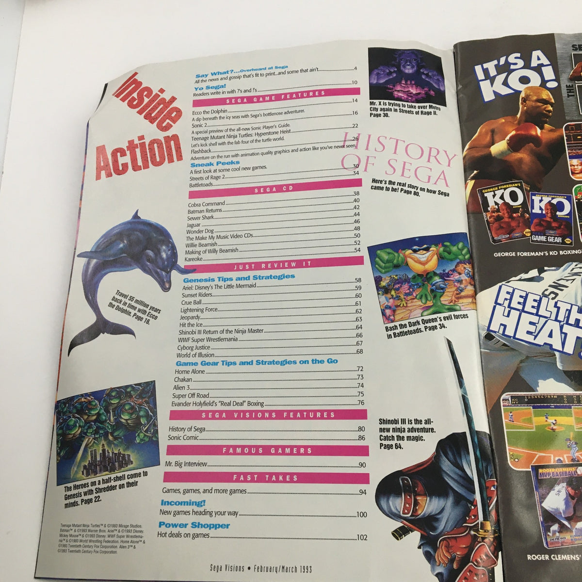 Inside pages of Sega Visions Magazine February 1993 showcasing the table of contents and features including TMNT and Streets of Rage.
