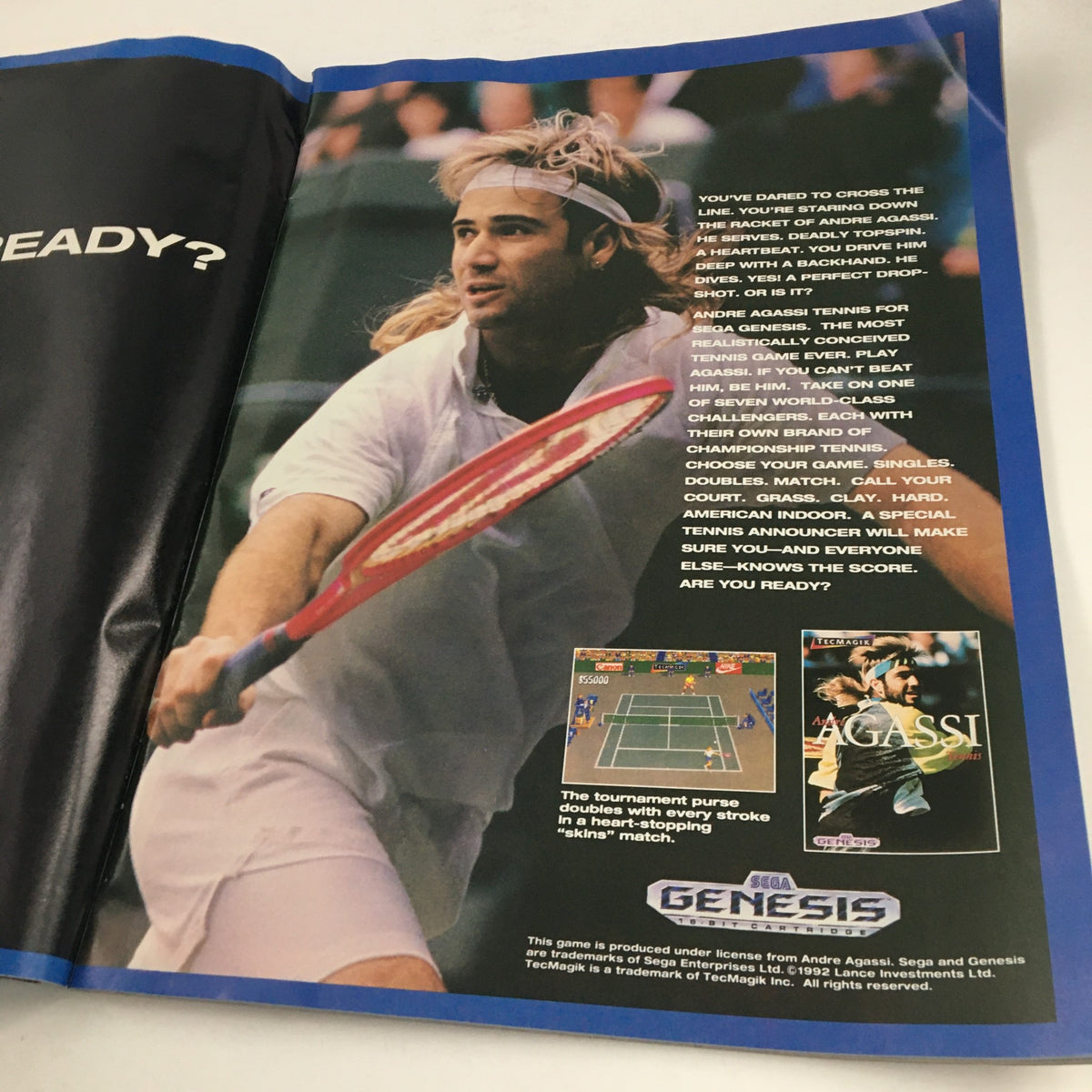 Full page advertisement for Andre Agassi Tennis in Sega Visions Magazine February 1993 highlighting gameplay and features.