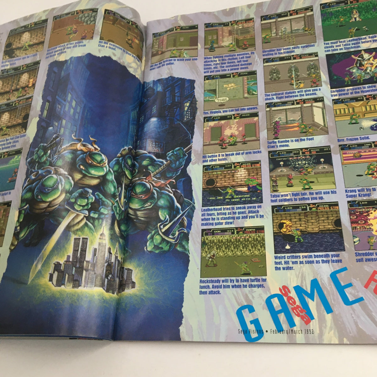 Game strategies and graphics for TMNT The Hyperstone Heist in Sega Visions Magazine February 1993, demonstrating character tips and gameplay.