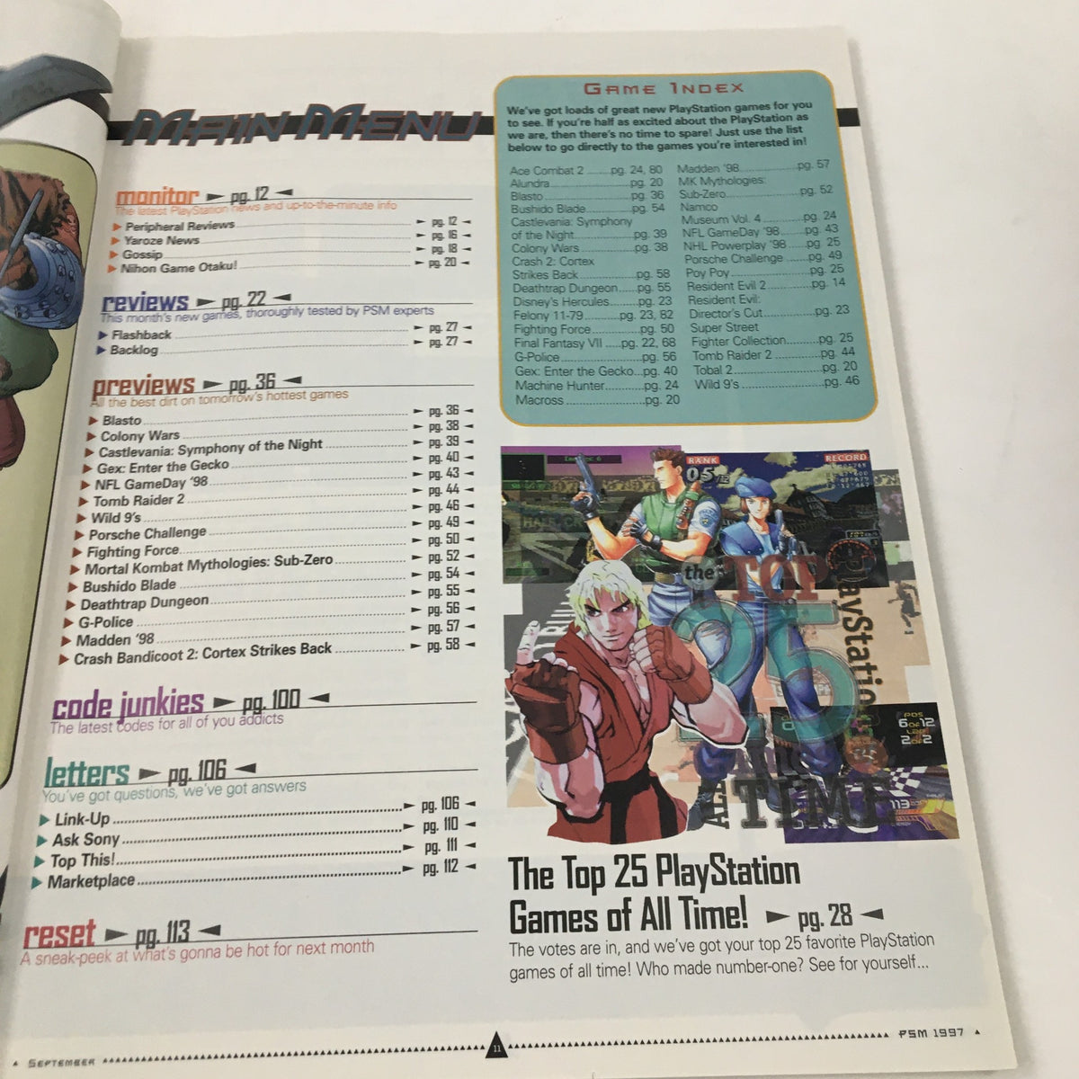 Interior page of PlayStation Magazine September 1997 showcasing game index and featured games.