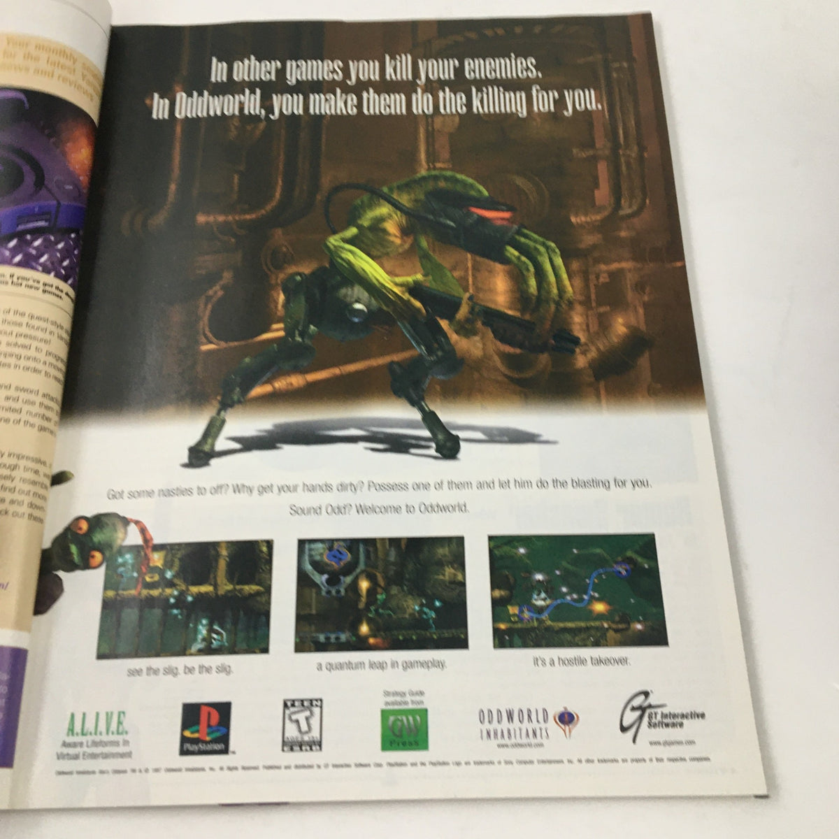 Advertisement page in PlayStation Magazine September 1997 for Oddworld: Abe's Oddysee featuring game visuals.