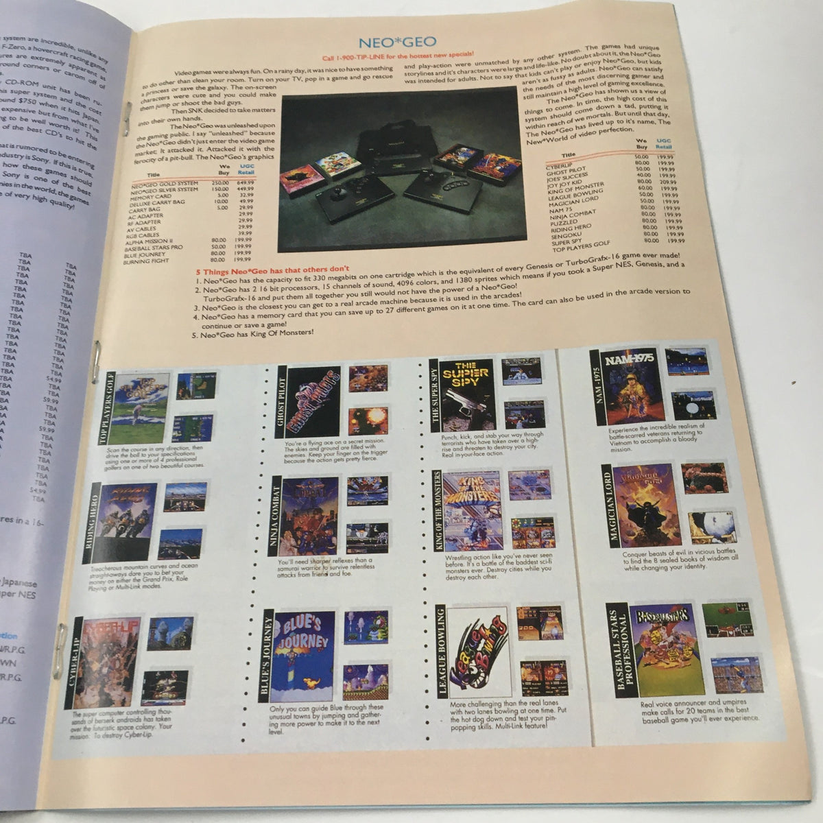 Page from Beyond Gaming Magazine #4 dedicated to Neo Geo with images and descriptions of popular games and accessories.