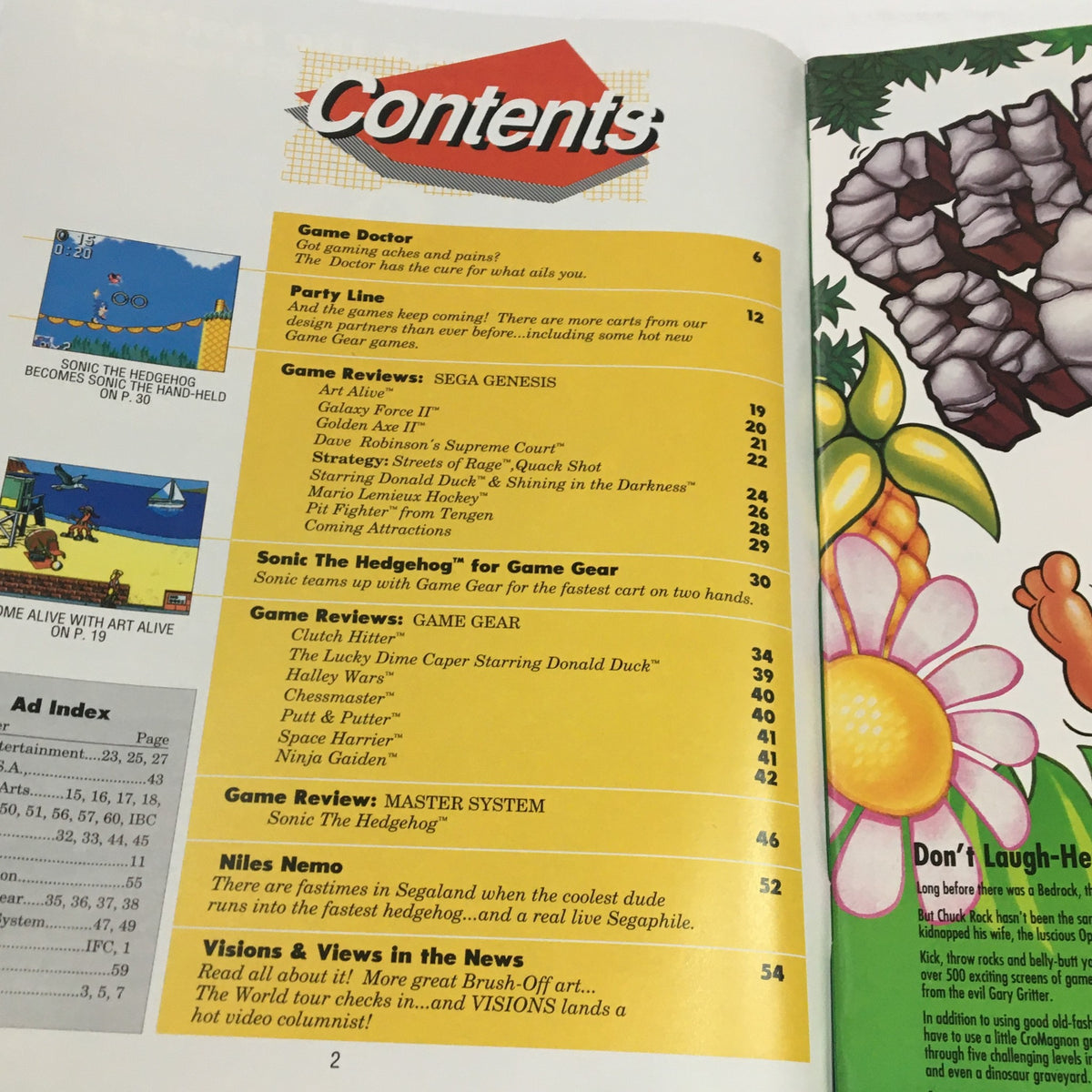 Table of contents page from SEGA Visions Magazine Winter 1991, detailing features and reviews including Sonic the Hedgehog for Game Gear.