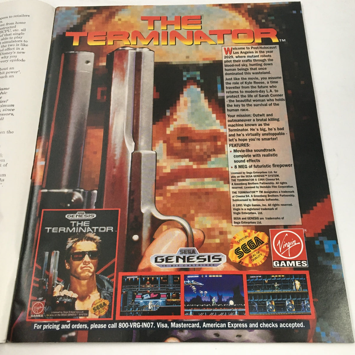 Advertisement page for The Terminator video game in SEGA Visions Magazine Winter 1991, highlighting features for Sega Genesis.