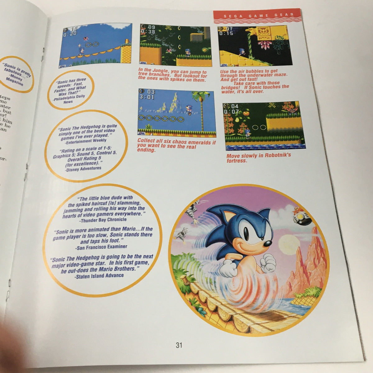 SEGA Visions Magazine Winter 1991 page featuring Sonic the Hedgehog gameplay tips, with graphics showcasing Game Gear games, including advice and quotes about Sonic's impact on gaming culture.