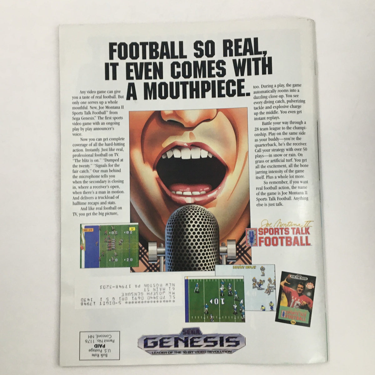 SEGA Visions Magazine Winter 1991 advertisement for Joe Montana II Sports Talk Football, highlighting a mouthpiece feature and showcasing in-game graphics from the Sega Genesis.