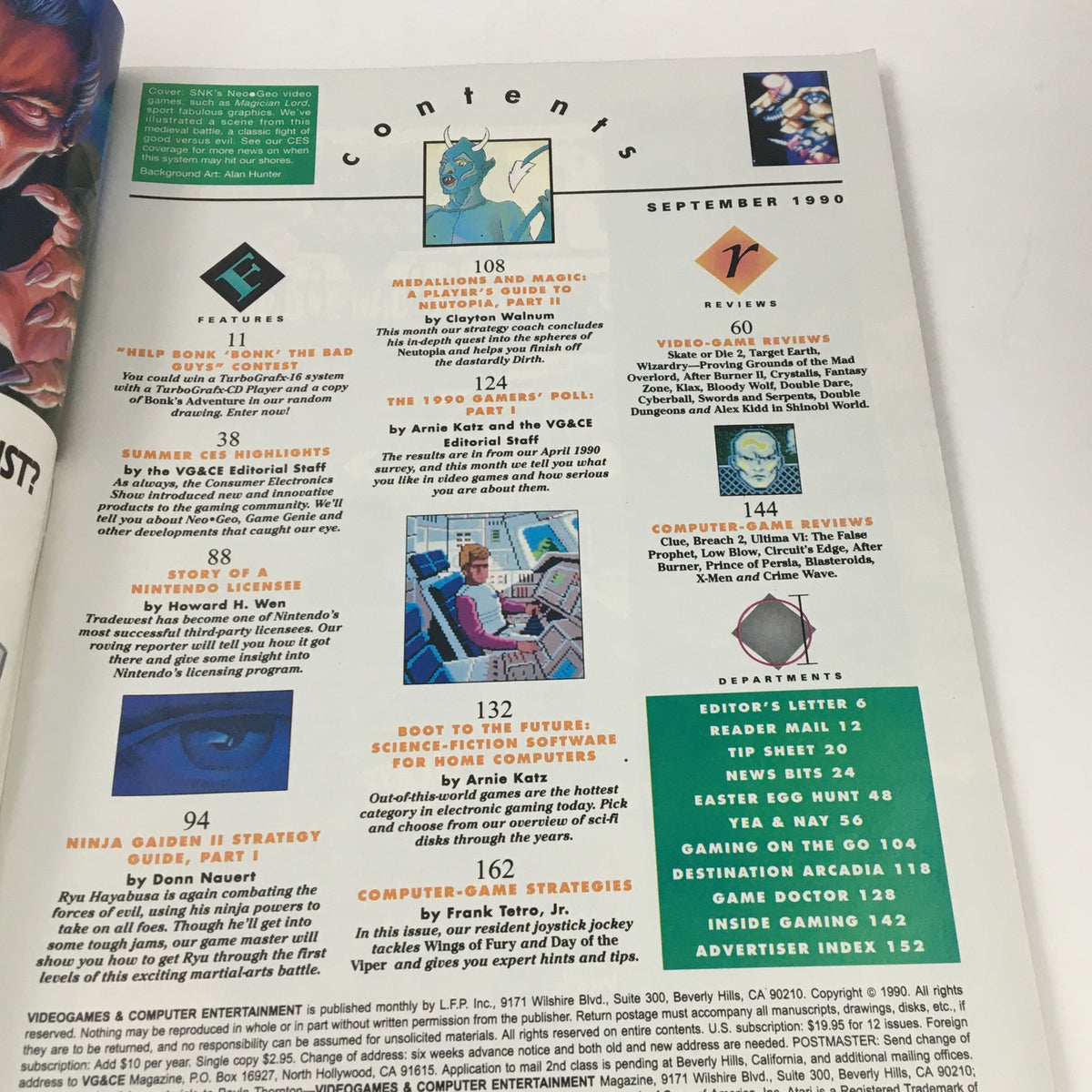 Contents page of Video Games & Computer Entertainment Magazine September 1990, listing various features and articles including Ninja Gaiden II strategy.