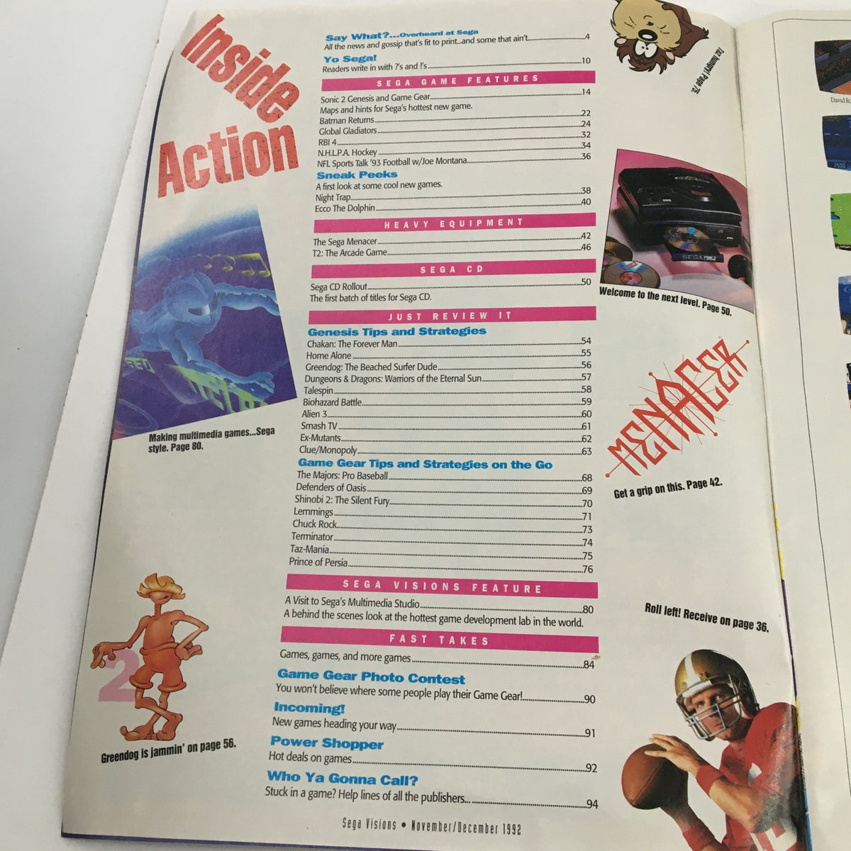 Sega Visions Magazine November 1992 contents page highlighting articles on Sonic 2, NHLPA Hockey, and game previews.
