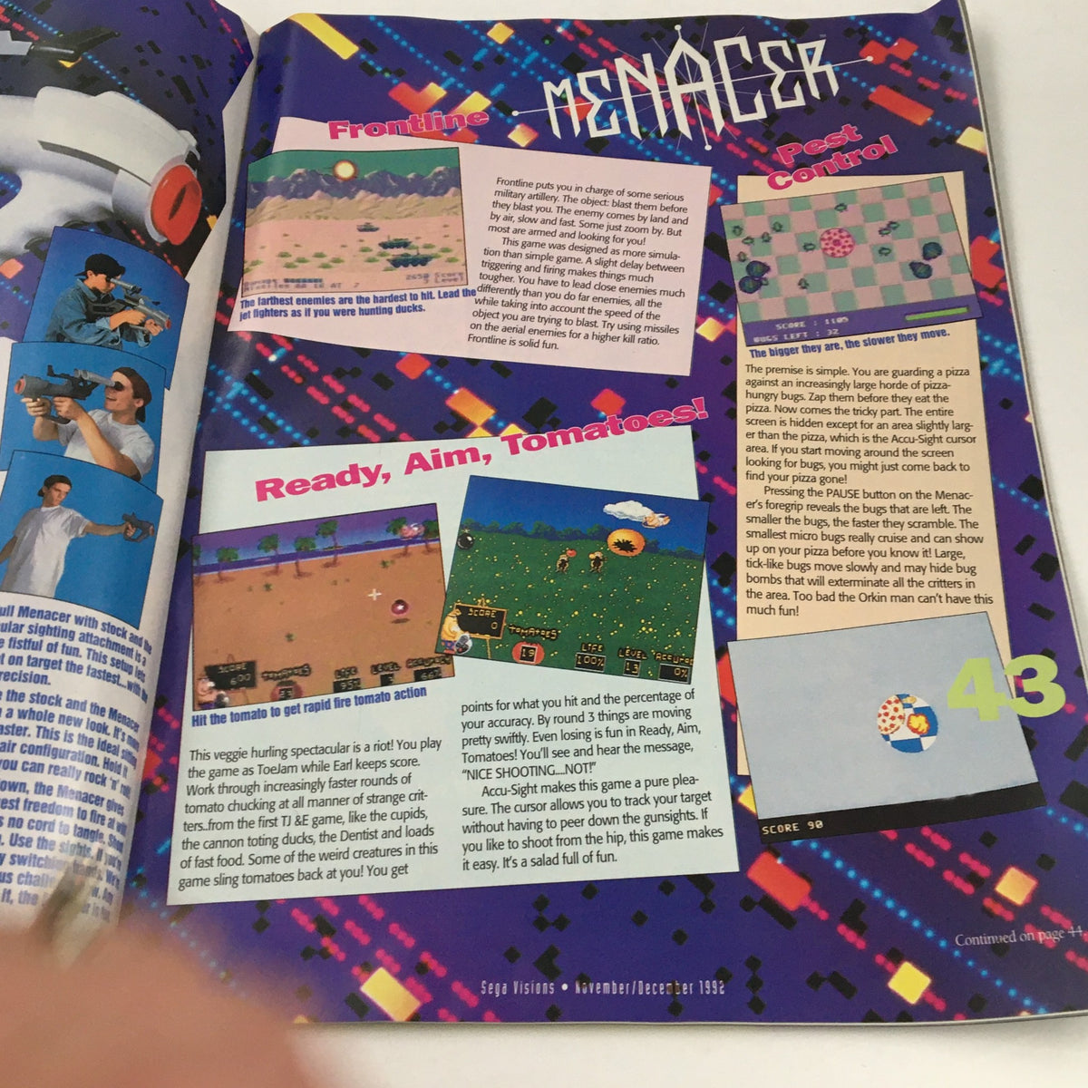 Sega Visions Magazine November 1992 showcasing Menacer game reviews with colorful layout.