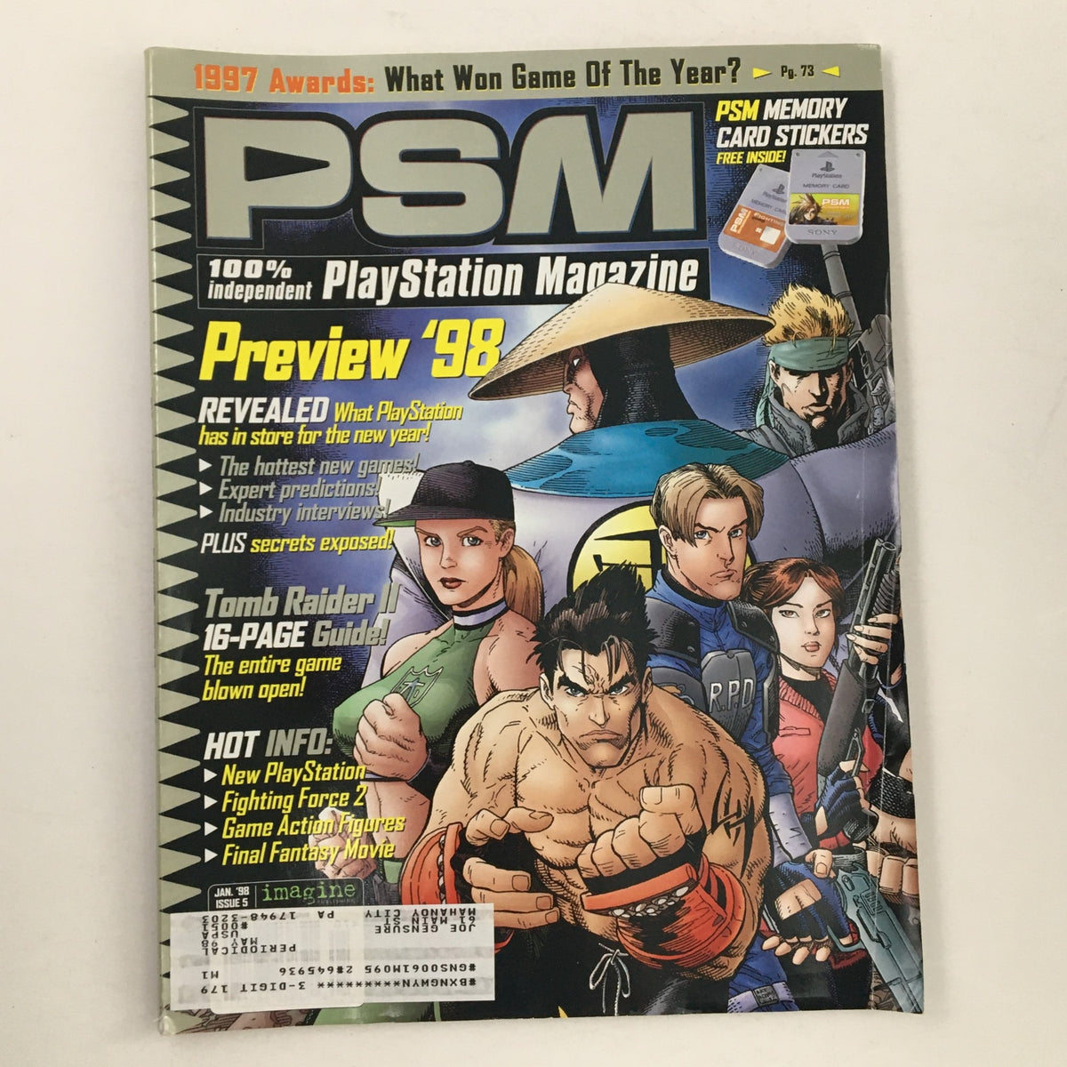 Cover of PlayStation Magazine January 1998 Vol 2 #1 featuring exclusive content on Tomb Raider and Fighting Force 2, with images of popular game characters and promotional material for PlayStation games.