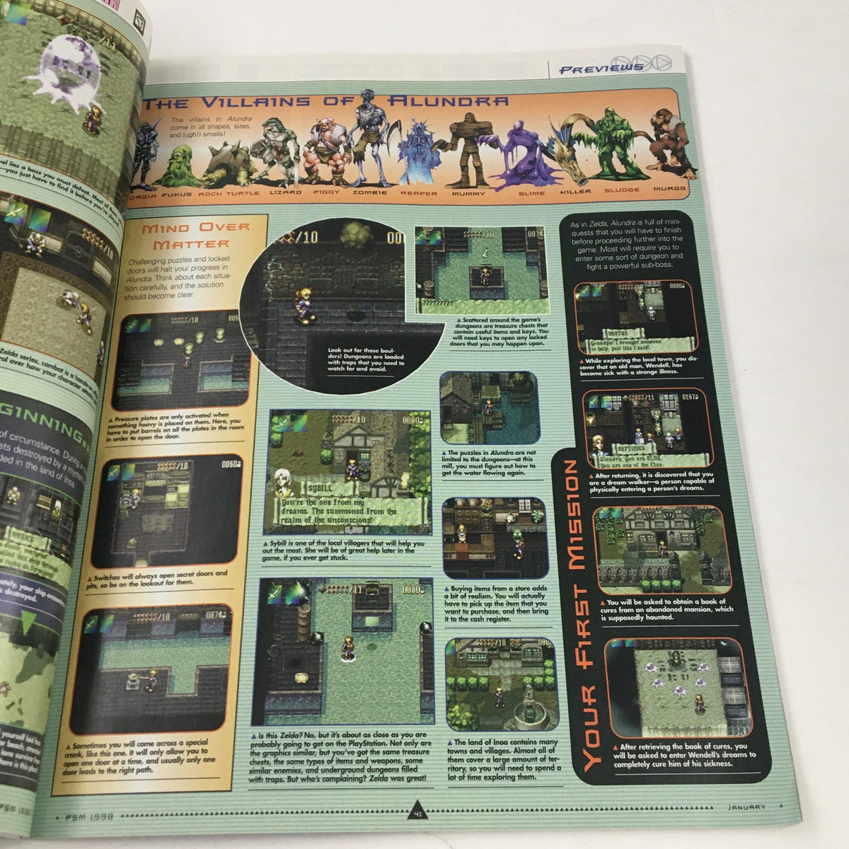 PlayStation Magazine January 1998 Vol 2 #1 highlighting gameplay and character previews for Alundra, including strategies for overcoming challenges.