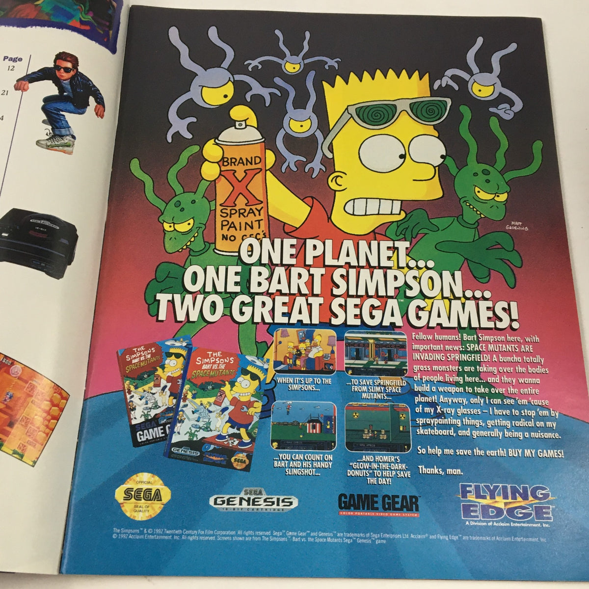 Sega Visions Magazine May 1992 featuring an advertisement with Bart Simpson promoting Sega games, including visual elements like aliens and game covers.