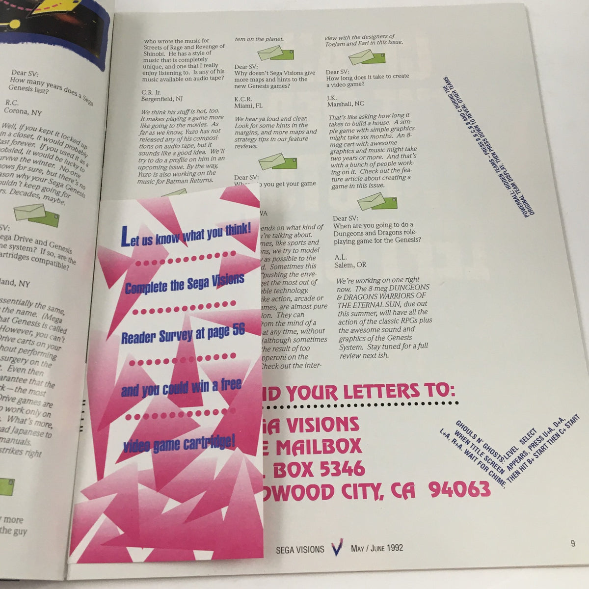 Inside page of Sega Visions Magazine May 1992 showcasing a reader survey invitation and print layout details.