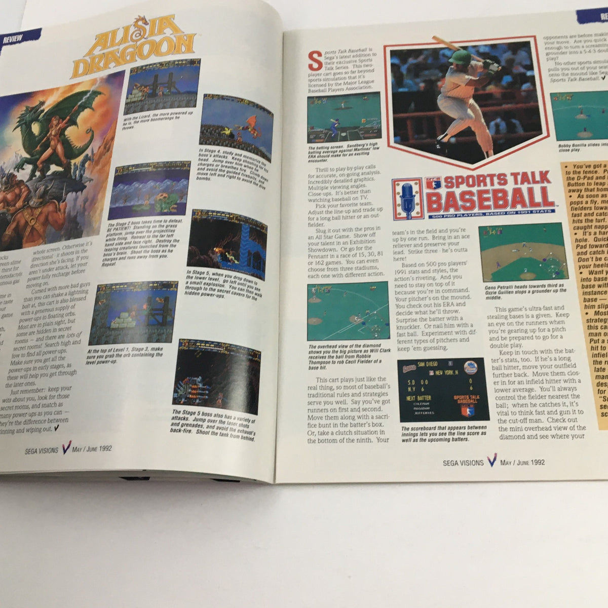 Review section of Sega Visions Magazine May 1992 discussing the games Alisia Dragoon and Sports Talk Baseball, with game screenshots.