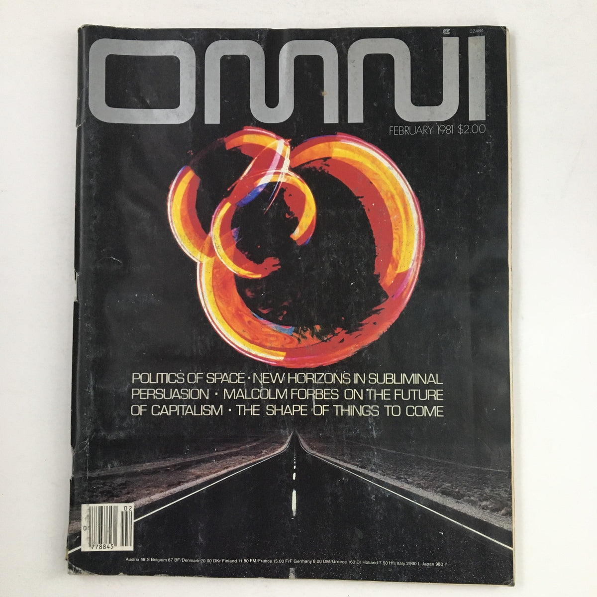Omni Magazine February 1981 issue cover featuring bold graphics themed around the Politics of Space and Malcolm Forbes' vision for the future.