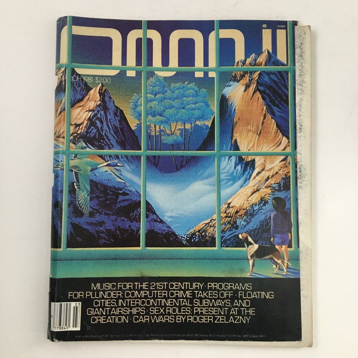 Cover of Omni Magazine March 1981 featuring a surreal landscape, mountains, and a dog, showcasing the theme 'Programs for Plunder'.