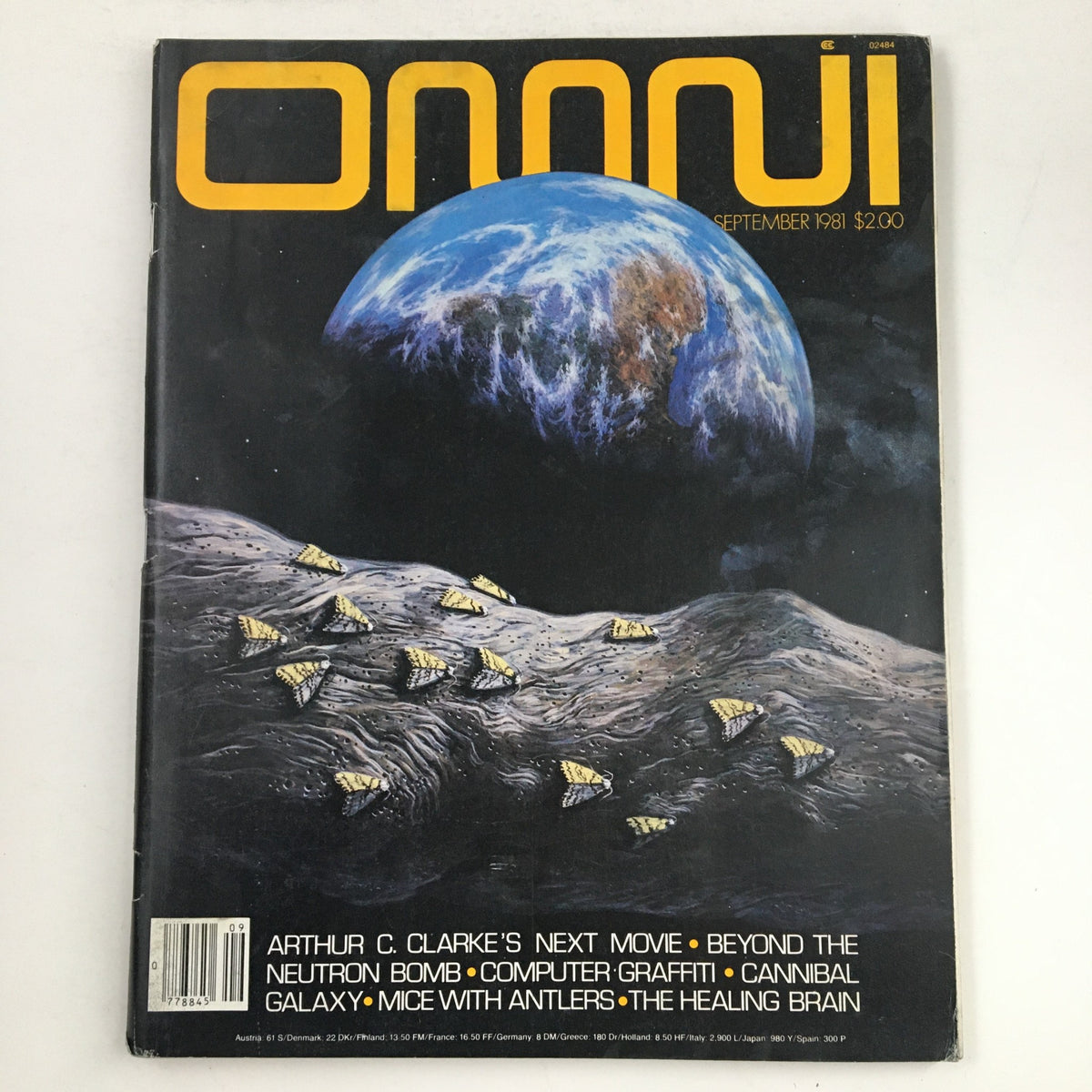 Cover of Omni Magazine from September 1981 featuring a cosmic scene with an illustration of Earth and butterflies on the moon, highlighting articles on Arthur C. Clarke's next movie, computer graffiti, and other cultural topics.