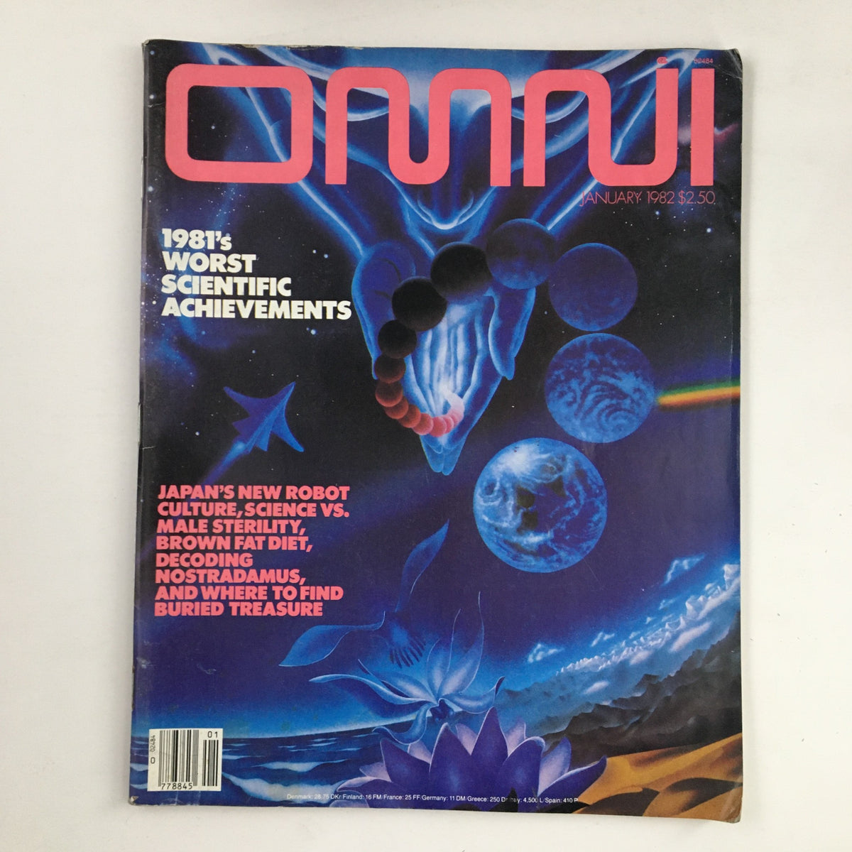 Omni Magazine January 1982 cover featuring the article 'Japan's New Robot Culture vs. Male Sterility' with a striking cosmic design, highlighting themes of science, culture, and technology, priced at $2.50.