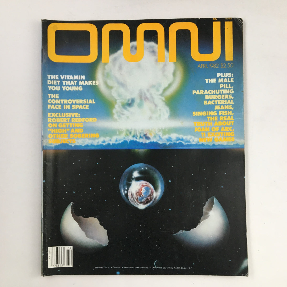 Cover of Omni Magazine April 1982 featuring Robert Redford on Getting High & Sober. The magazine showcases a vibrant design with headings about various topics, including a large depiction of a cosmic scene.