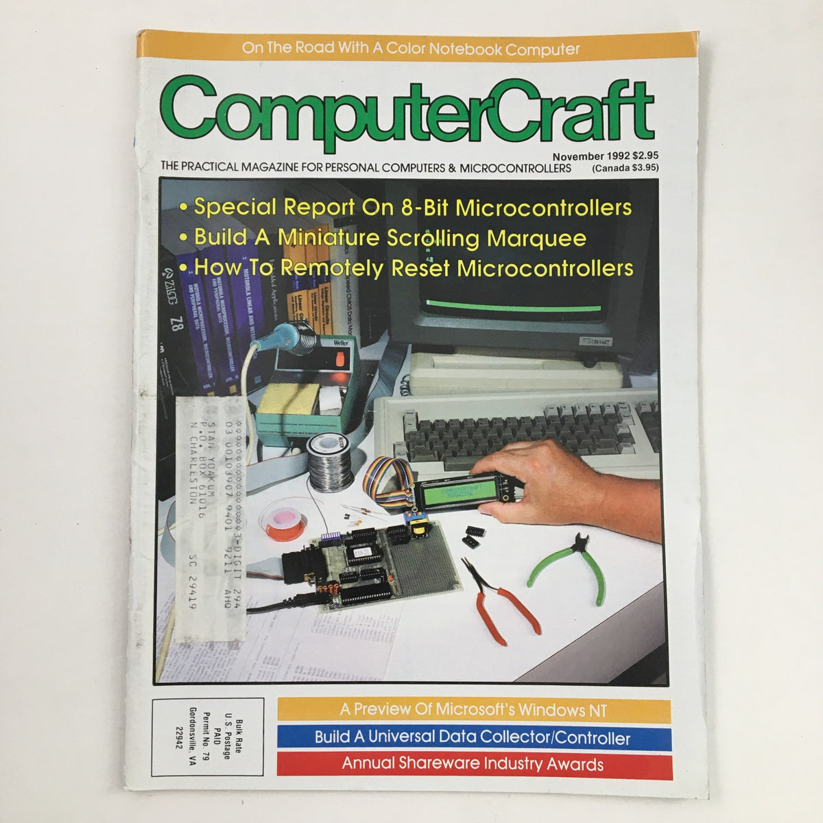 Cover of Computer Craft Magazine from November 1992 featuring the title 'Build Universal Data Collector/Controller', showcasing a workspace with technology items including a notebook computer and electronic components, highlighting various articles on microcontrollers and computing techniques.