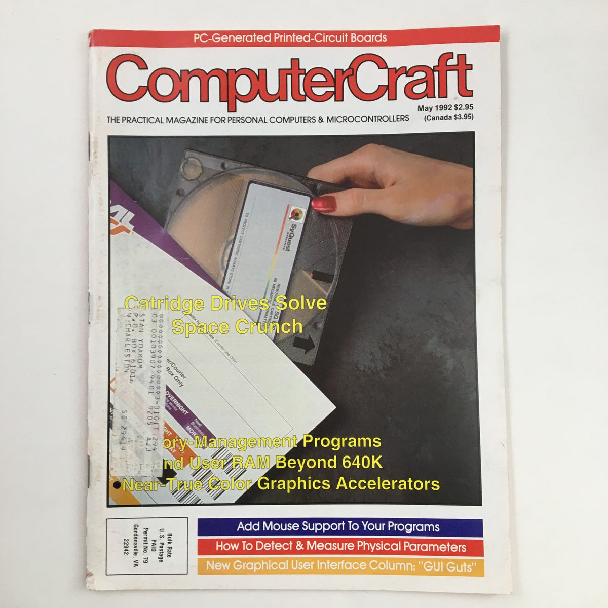 Cover of Computer Craft Magazine, May 1992, featuring the title 'How To Detect & Measure Physical Parameters', includes illustrations of cartridge drives and highlights on memory-management programs and graphics accelerators.