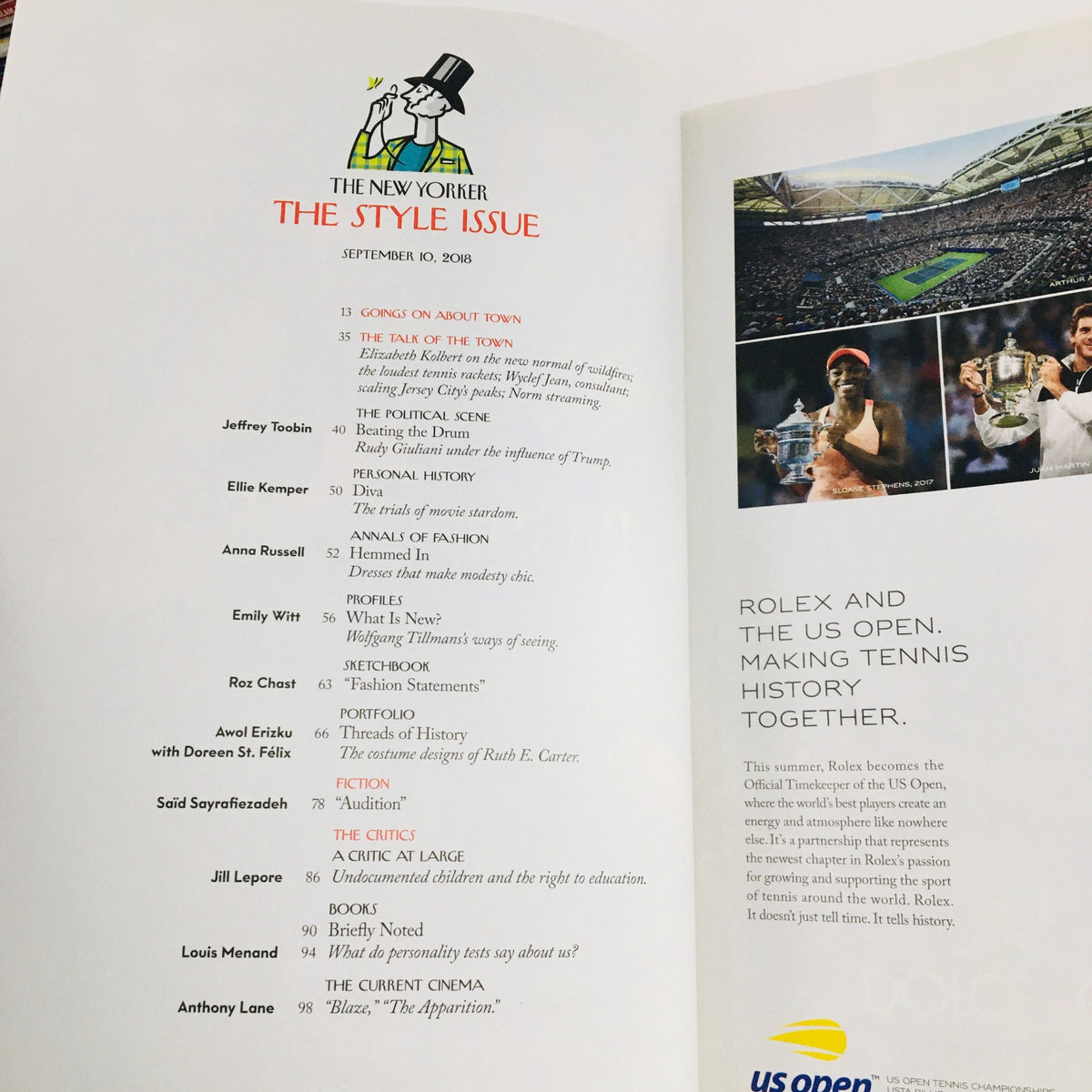 Interior page of The New Yorker September 10, 2018, titled 'The Style Issue', featuring article listings and cultural highlights.
