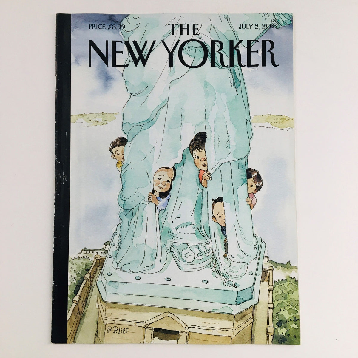 The New Yorker July 2, 2018 Full Magazine Theme Cover by Barry Blitt featuring a whimsical illustration of children playing around the Statue of Liberty, showcasing contemporary humor and artistry.