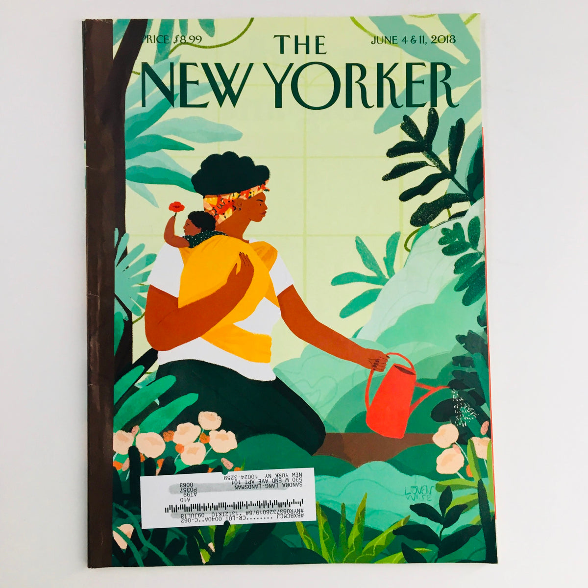 The New Yorker June 4 2018 Full Magazine Cover featuring a vibrant illustration of a woman with a watering can surrounded by greenery and flowers by Loveis Weis.
