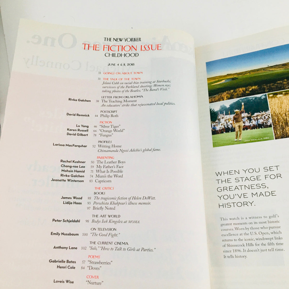 The New Yorker June 4 2018 Table of Contents page showcasing featured articles and contributors in a clean layout, emphasizing the theme of the fiction issue.
