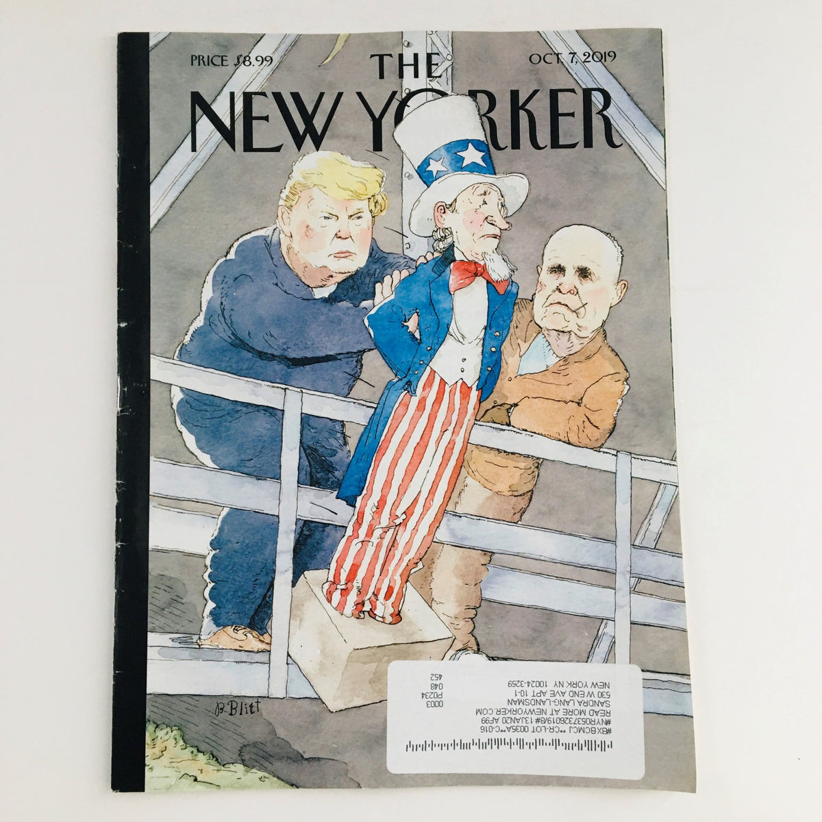 Cover of The New Yorker Magazine October 7 2019 featuring a political satire illustration by Barry Blitt depicting Donald Trump and Uncle Sam.