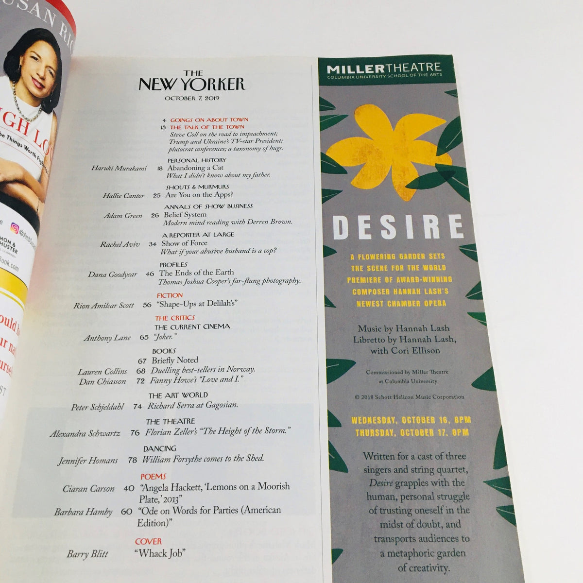 Interior page of The New Yorker Magazine October 7 2019 displaying the table of contents and an advertisement for Miller Theatre's performance 'Desire'.