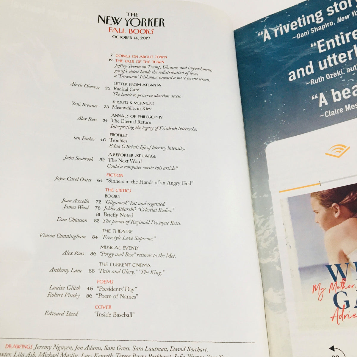 Inside page of The New Yorker October 14, 2019 magazine showcasing table of contents with article titles including 'Going On About Town' and 'Theatre'. A must-read for literature and culture lovers.