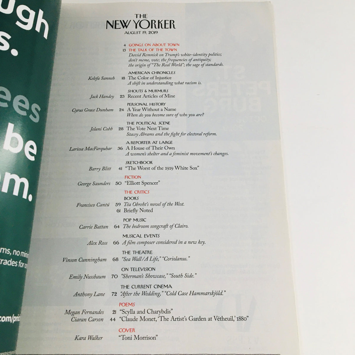 The New Yorker August 19 2019 editorial page listing articles and contributors, highlighting themes and topics in the magazine.