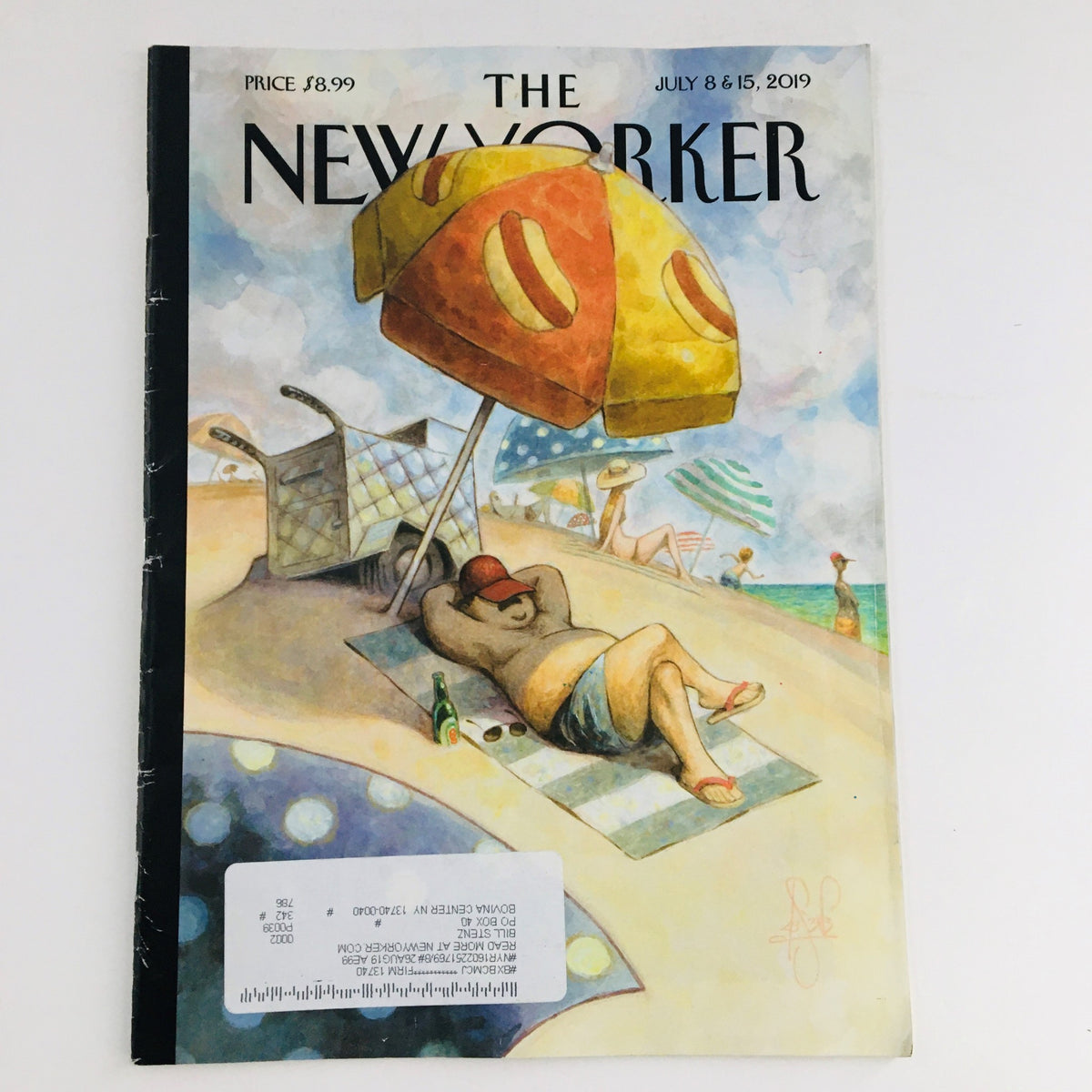 The New Yorker July 8 2019 Full Magazine Cover featuring a whimsical illustration by Peter de Sève of a beach scene with a sunbather under a large umbrella.