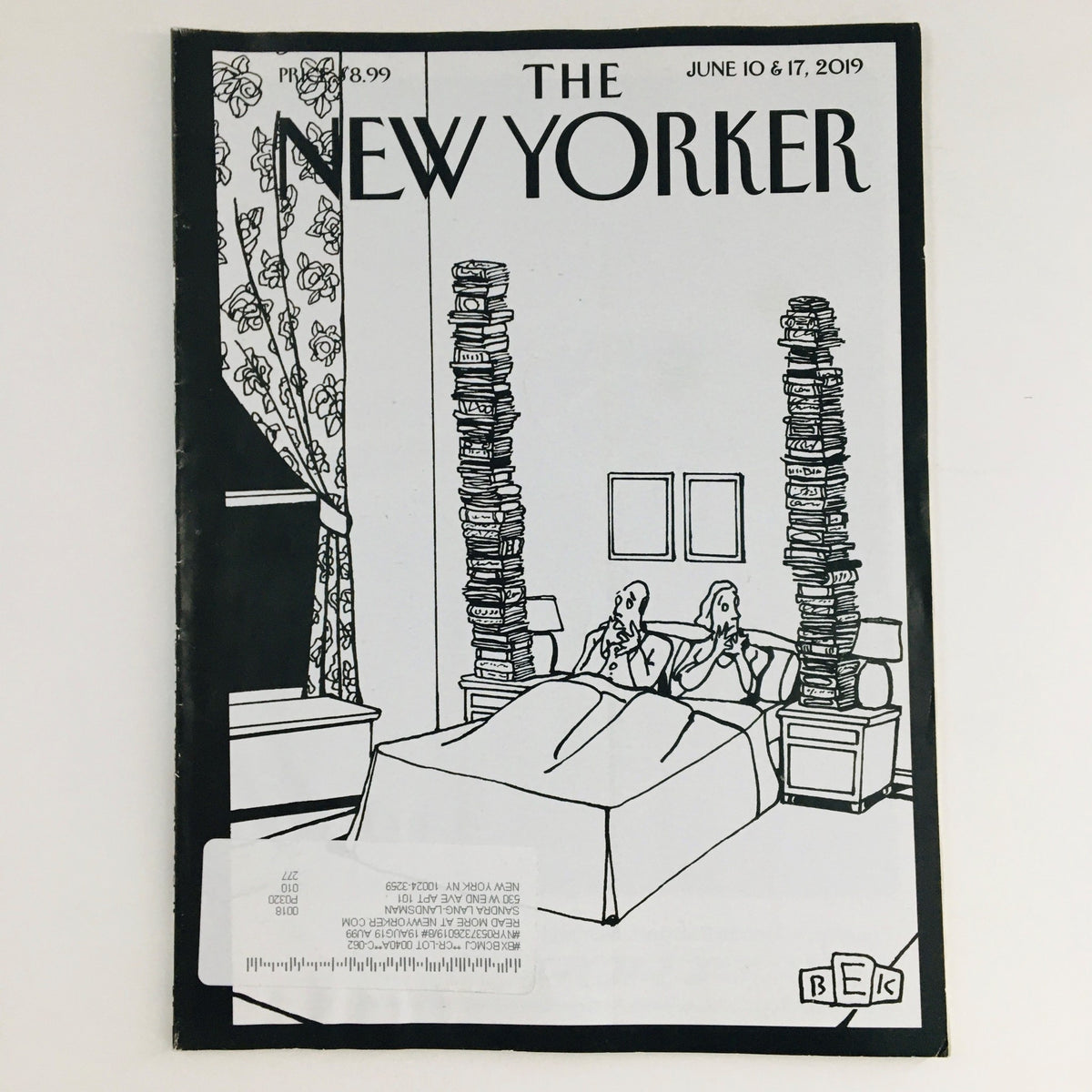 Cover of The New Yorker June 10 2019 featuring an illustration by Bruce Eric Kaplan, depicting a humorous scene with two characters surrounded by stacks of books in a bedroom.