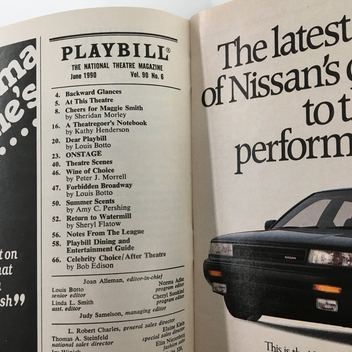 Inside page of the 1990 Playbill showcasing The National Theatre Magazine and article list including Aspects of Love.