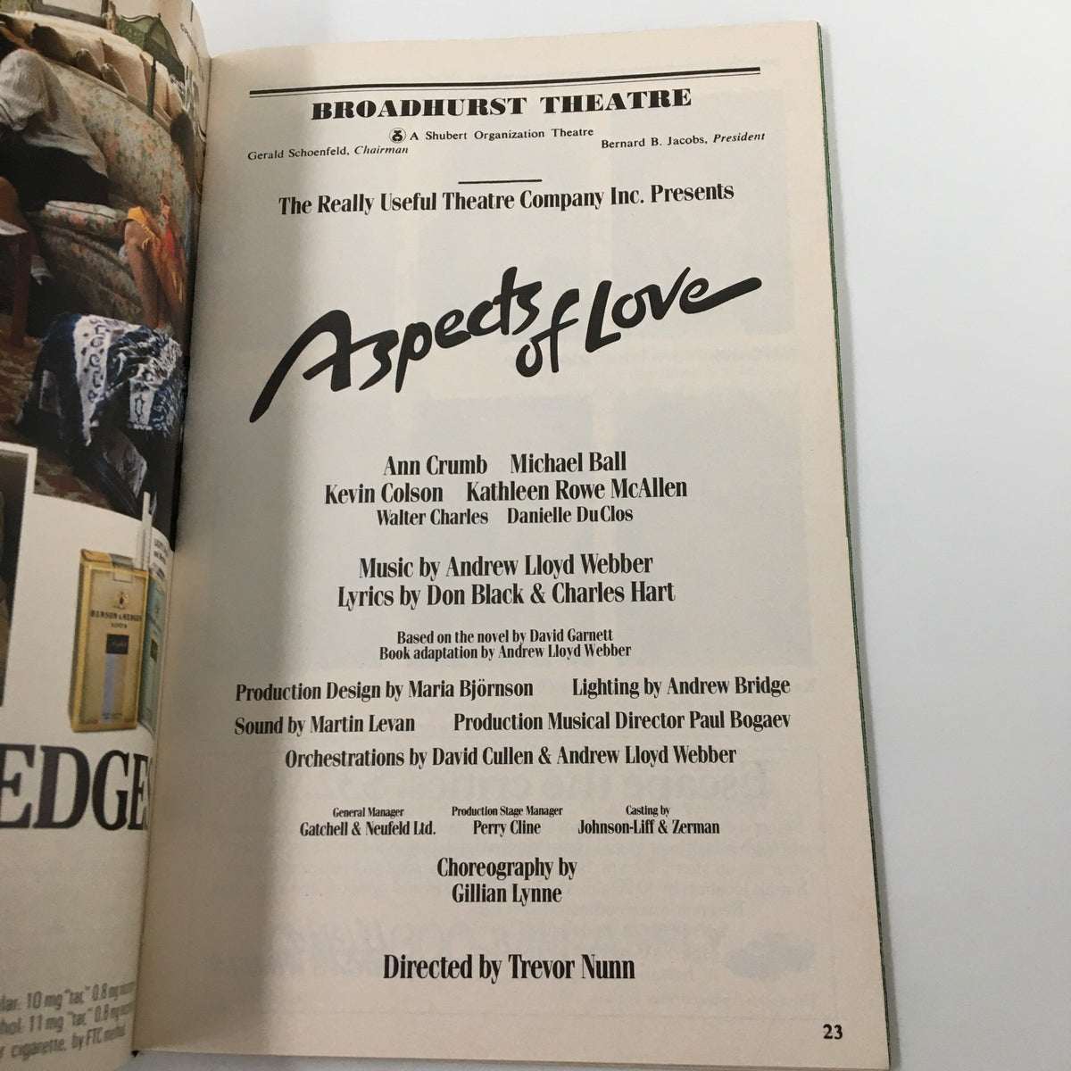 Details from the 1990 Playbill for Aspects of Love at Broadhurst Theatre, highlighting cast members and production team.