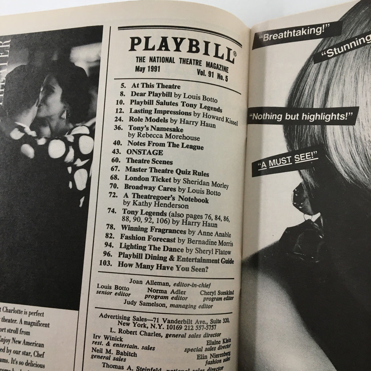 Interior page of the 1991 Playbill for Miss Saigon, featuring listings and details from the May 1991 edition of the theatrical magazine.