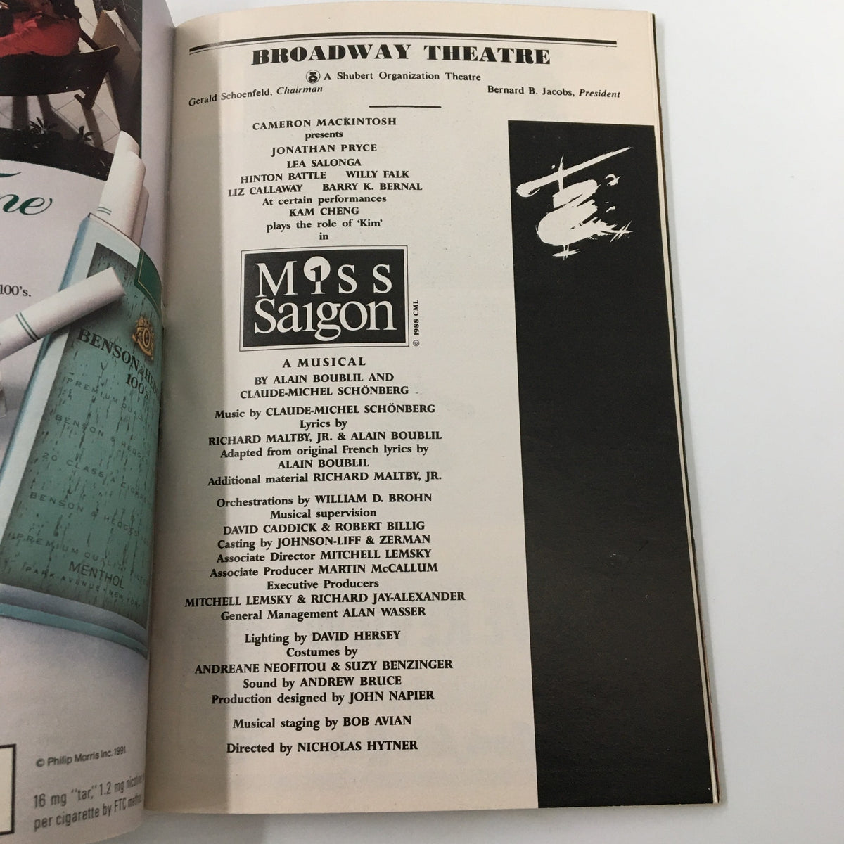 Inside page of the 1991 Playbill for Miss Saigon, showcasing cast and production details from the Broadway Theatre.