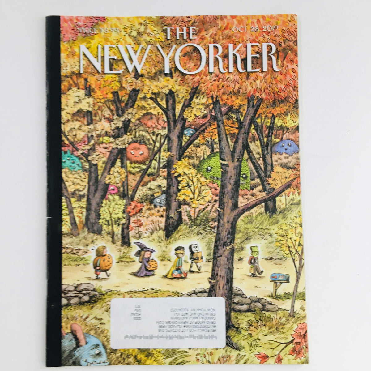 The New Yorker magazine cover from October 28, 2019 featuring vibrant autumn colors and whimsical characters, illustrated by Liniers.